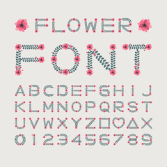 Isolated flower font alphabet character with number and symbol, Vector floral wreath ivy style with branch and leaves.