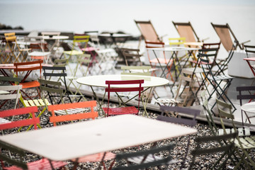 Chairs and tables for cafe on the beach
