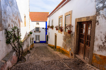 Narrow streets and charming houses of old town Obidos
