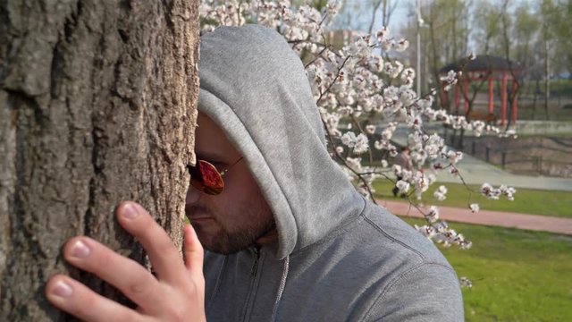Man in sunglasses beats his head against tree in city park, inadequate behavior