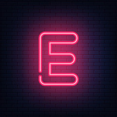 Glowing red neon letters. Realistic bright font on dark brick wall. Vector illustration of eps 10.