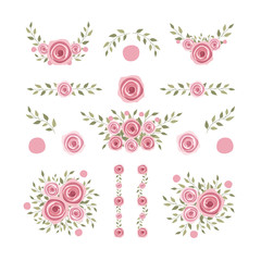 Isolated flower elements with branch and leaves. Vector bouquet and decorative object. Blooming floral material for graphic design.