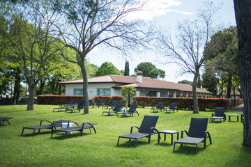 Cozy relax zone, sunbeds on the grass