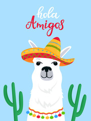 Funny alpaca in a Mexican sombrero. Hola Amigos hand drawn lettering © LiluArt