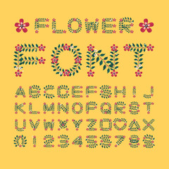Isolated flower font alphabet character with number and symbol, Vector floral wreath ivy style with branch and leaves.