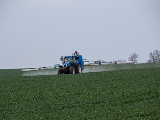Fototapeta premium A blue tractor sprays pesticides on a green field. Blue tractor on field. 