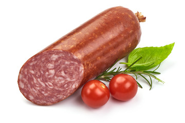 Salami smoked sausage, close-up, isolated on white background