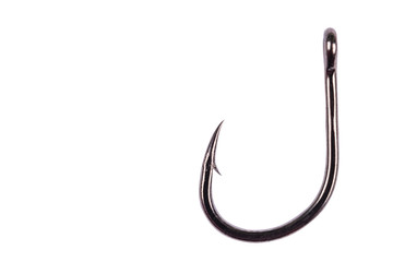 Fishing hook isolated on a white background. Fishing hook close up. Fishing tackle. Stainless steel...