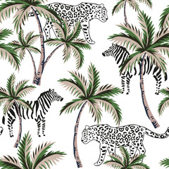 Tropischer Leopard, Zebratier, Palmen, weißer Hintergrund. Vektornahtloses Muster. Vintage-Illustration. Exotischer Dschungel. Sommerstranddesign. Paradiesische Natur