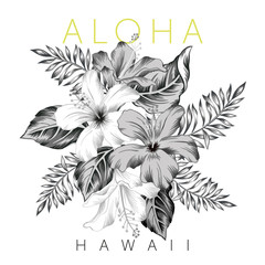 Tropical gray hibiscus flowers, palm leaves bouquet, text Aloha Hawaii, white background. Print for t shirt, card, poster template. Vector illustration. Summer beach floral design © ojardin