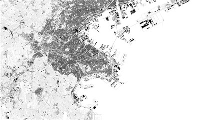 Satellite map of Yokohama. It is the second largest city in Japan by population, and the most populous municipality of Japan. Map of streets and buildings of the town center. Asia
