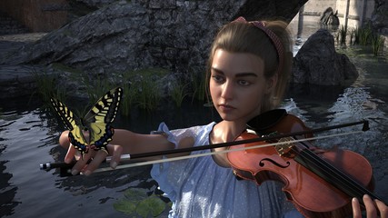 3D rendering beautiful  playing the violin with beautiful landscape in the background. A set of girls, violin and butterfly. © W.S. Coda