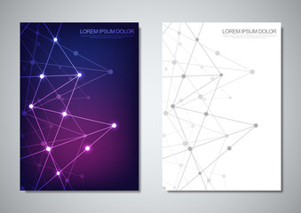 Brochure template or cover design. Digital technology with plexus background and space for your text. Geometric abstract background of connecting dots and lines.