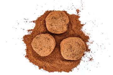 Homemade chocolate candy, isolate on white background. Delicious chocolates products - top view. Homemade confectionery made of cocoa butter.