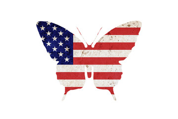 Butterfly silhouette in colors of USA national flag in grunge style isolated on white background. American flag in the form of a butterfly silhouette.