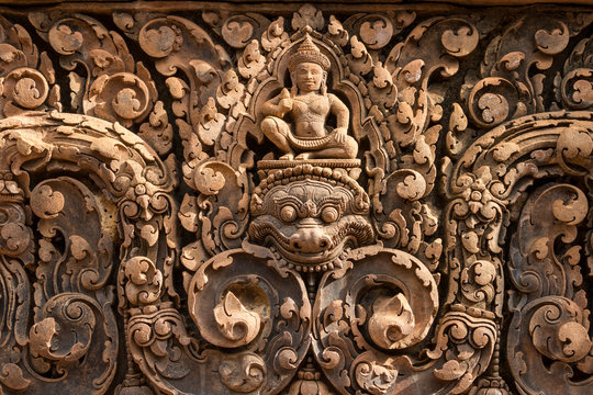 Bas-relief of Shiva mounted on Kala in Banteay Srei; Angkor, Siem Reap, Cambodia