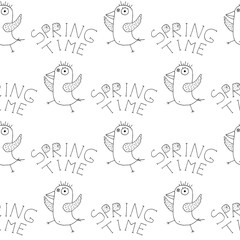 Cute cartoon spring bird pattern with hand drawn dancing birds. Sweet vector black and white spring bird pattern. Seamless monochrome doodle spring bird pattern for textile, wallpapers and wrap.
