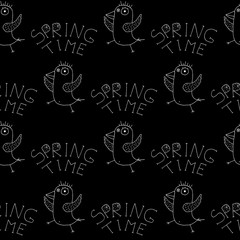 Cute cartoon spring bird background with hand drawn dancing birds. Sweet vector black and white spring bird background. Seamless monochrome doodle spring bird background for textile and wrapping.