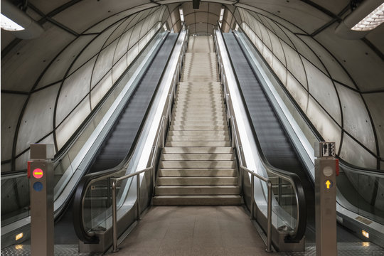 Escalators in Bilbao Metro Station; Bilbao, Vizcaya, Pais Vasco, Spain