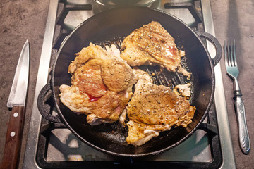 Close Pan View of Cooking Red Meat