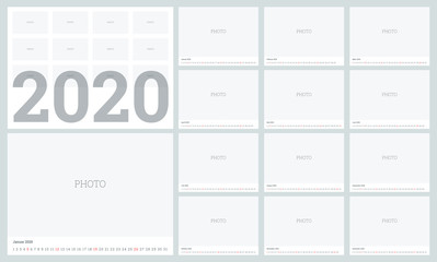 Calendar 2020 in German language. 380x280 mm format for print. Set Desk Calendar template design with Place for Photo. Set of 12 Months. Vector layout.