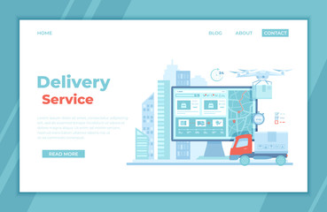 Online Express Delivery Service , Order Tracking. Truck, monitor with delivery site, map, city background, quadcopter courier, postal drone, parcel boxes. landing page template or banner. Vector