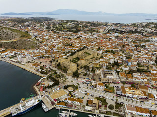 Cesme, Izmir / TURKEY -  Aerial view of Cesme castle taken by drone