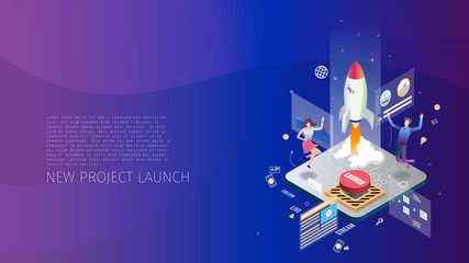 conceptual composition with happy people launching teir new business, metaphoric business illustration