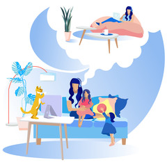Flat Motherhood Cartoon Dreams of Tired Mother