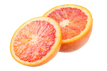 Red blood orange fruit with slices isolated on white background