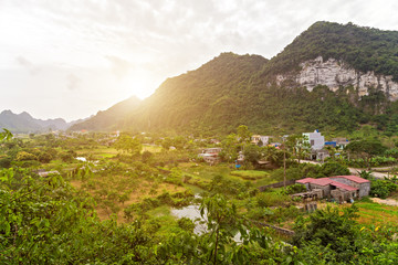 Fototapeta na wymiar fishing village jungle mountains flora and fauna