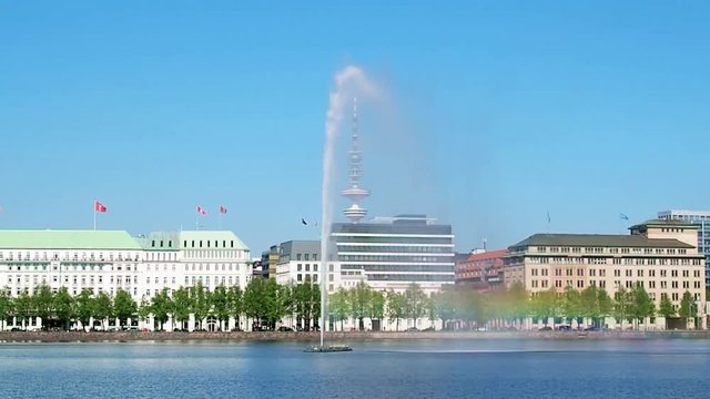Hamburg Binnenalster - Fountain with Rainbow Colors 