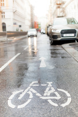 Regennasse Fahrbahn mit Fahrradmarkierung. Nasser Fahrradstreifen mit Stra&szlig;enmarkierung. Cycle lane with bicycle sign in rain.