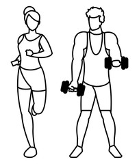 athletic man weight lifting and woman running