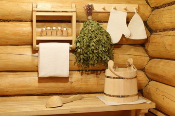 Sauna accessories in the interior of the Russian bath.