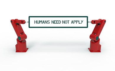 Two robots holding board with text