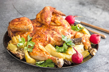 Chicken tobacco national dish of Georgian cuisine. Baked chicken with garlic and grilled vegetables on a black plate on a stone background, next to fresh greens and vegetables.  Copy space