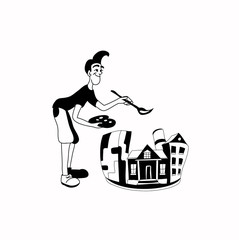 Modern artist paints various buildings, vector illustration is made in the form  of black and white logo