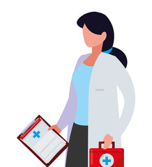 female medicine worker with medical order and kit