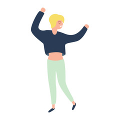 Fototapeta na wymiar Young girl is dancing at dance party. Smiling young woman performs dance moves. Isolated Vector Illustration