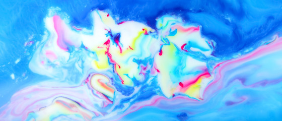 Fototapeta na wymiar Fluid art. Multicolored abstract background on the liquid. Color pattern in the style of pop art. Multicolored fluid stains. Widescreen