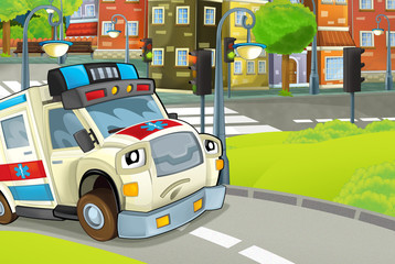 cartoon scene in the city with ambulance driving through the city - illustration for children