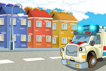 Obraz na płótnie Canvas cartoon scene with police car and sports car car at city police station and policeman - illustration for children
