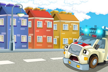 Plakat cartoon scene in the city with ambulance driving through the city - illustration for children