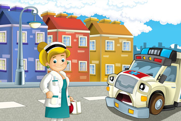 Obraz na płótnie Canvas cartoon scene with police car and sports car car at city police station and policeman - illustration for children