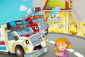 cartoon scene in the city with ambulance driving through the city to fire accident to help people with fire brigade - illustration for children
