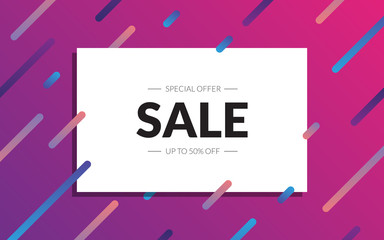 Sale banner vector template. Up to 50% off sale design in abstract flat colorful style. Discount offer. Horizontal card with saling text for banner, web, poster, ad, brochure, coupon, email