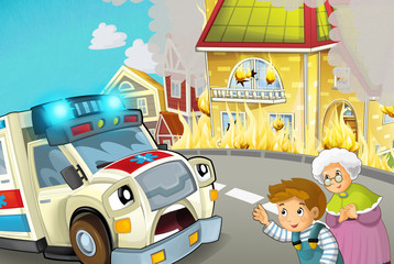 cartoon scene in the city with ambulance driving through the city to fire accident to help people - illustration for children