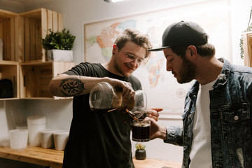 Freshly Brewed Single Origin Roasted Coffee Blooming and Brewing in Glass Chemex Vase