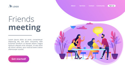 Group of friends sitting at the table talking, drinking coffee and tea, tiny people. Friends meeting, cheer up friend, friendship support concept. Website vibrant violet landing web page template.